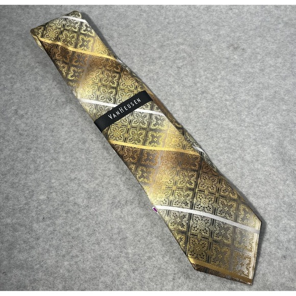Van Heusen Tie Mens One Size Silk Geometric Pattern Formal Yellow Gold Silver - Picture 1 of 5